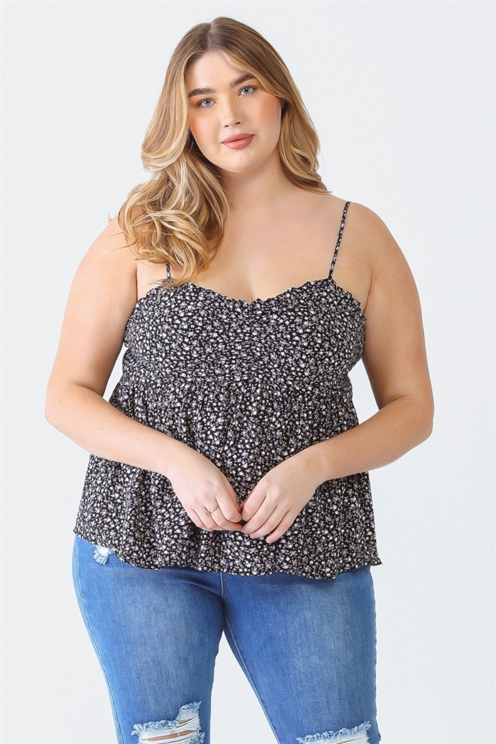 Zenobia Plus Size Frill Smocked Floral Sweetheart Neck Cami